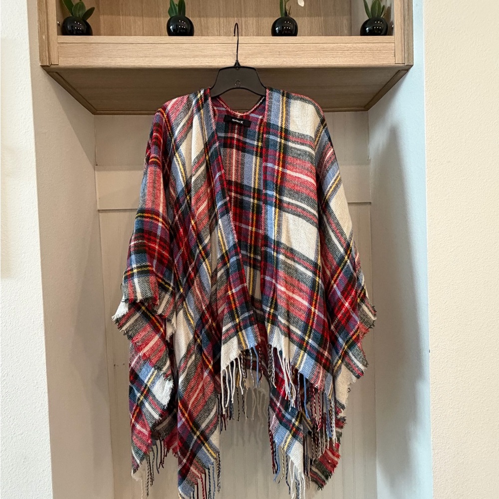 Hurley Multicolor Plaid Fringe Poncho